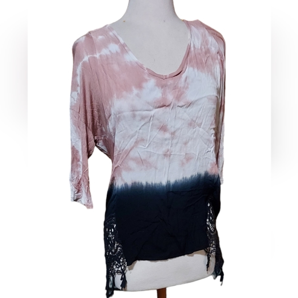 Ginnicks S Blouse Top Quarter Sleeve Lightweight 100% Modal Fringe Crochet Tiedy
